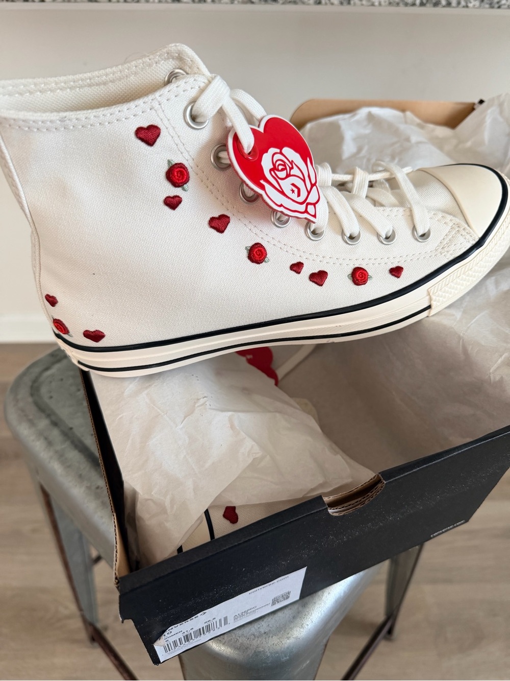 Converse White High-Top Sneakers with Red Heart & Rose Accents